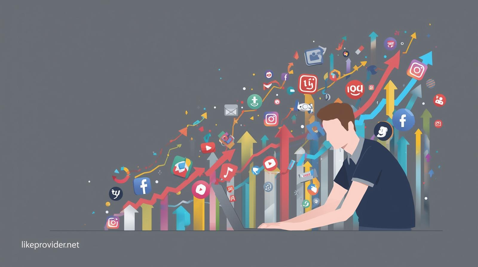Cheap SMM Panel growth chart with social media engagement icons and likeprovider.net