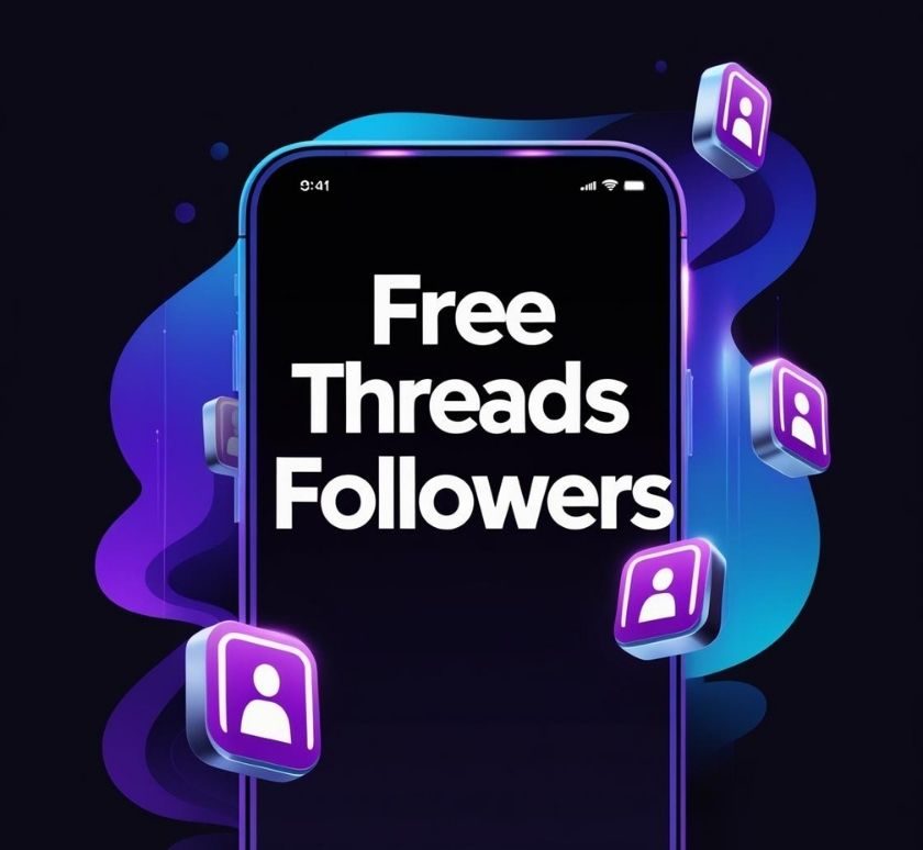 Free Threads Followers interface with mobile UI, glowing icons, and dark modern design – likeprovider.net branding