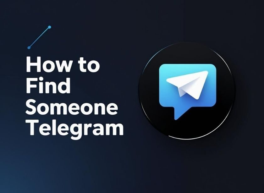 Telegram search screen with blue logo and dark background showing “How to Find Someone on Telegram” – 2025 guide visual.