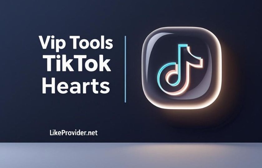 Banner showing "VIP Tools TikTok Hearts" text with glowing TikTok icon on a dark gradient background, branded with likeprovider.net
