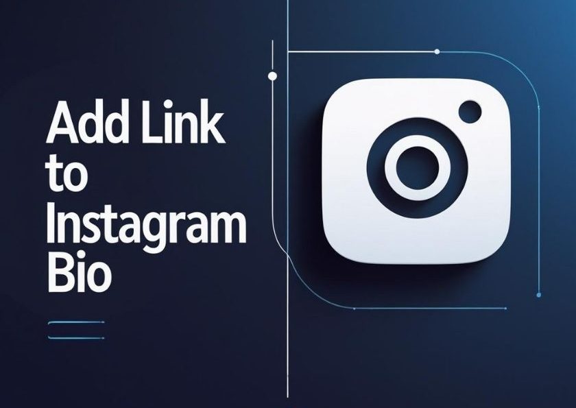 Illustration showing "Add Link to Instagram Bio" with an Instagram icon on a modern dark background