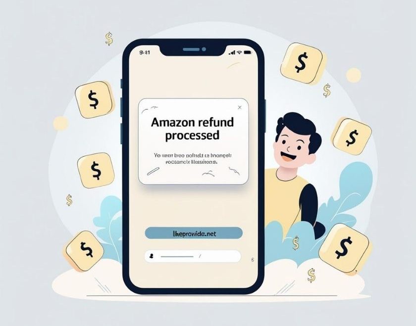Smartphone screen showing Amazon refund processed message with excited user illustrations and floating dollar signs — related to amazon surprise refunds years-old purchases