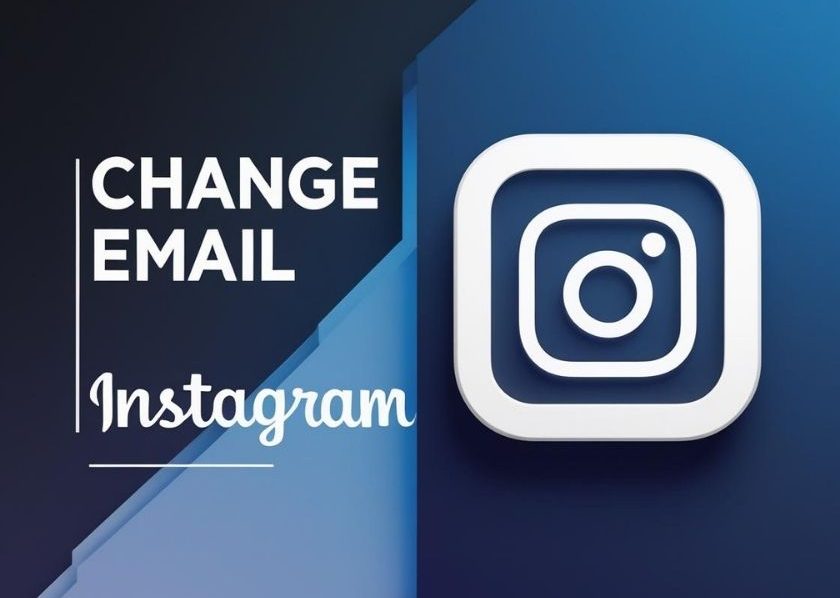 Change email on Instagram graphic with Instagram logo on a modern blue background