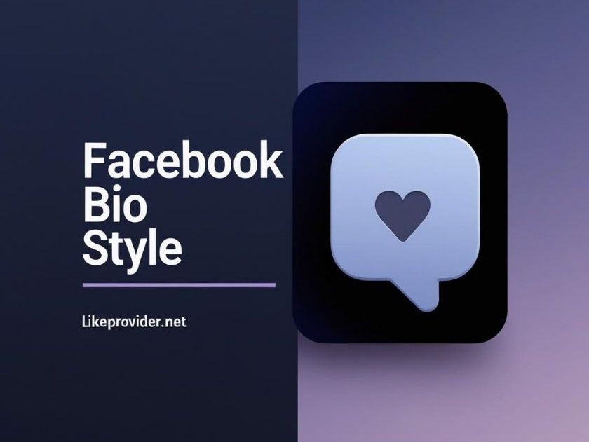 Stylish Facebook Bio Style image featuring a heart icon and likeprovider.net branding