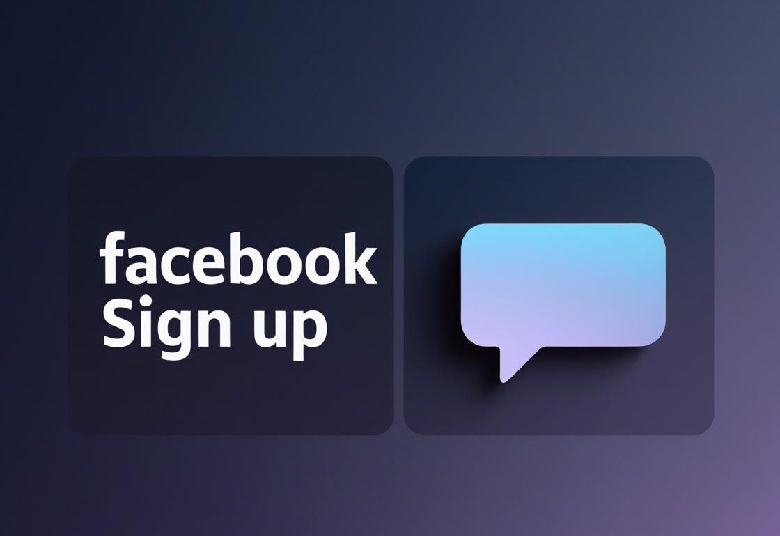 Facebook sign up illustration with speech bubble icon on dark gradient background.