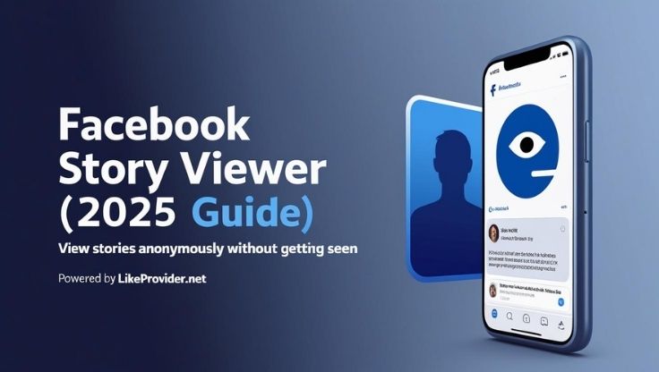 Graphic design showing Facebook story viewer interface with anonymous view icons and mobile screen.