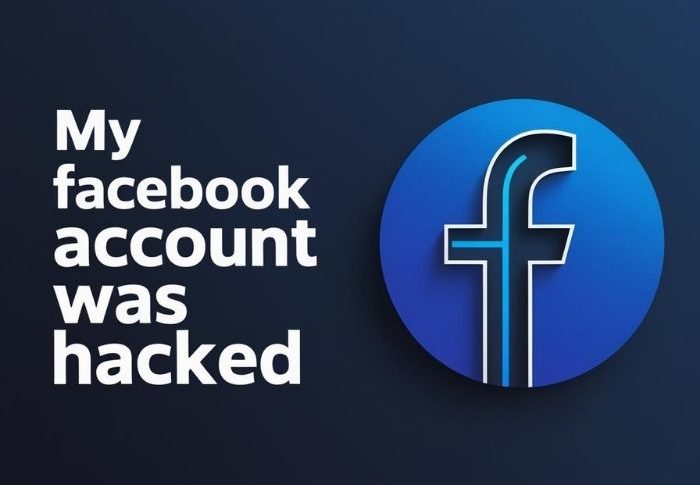 How to recover a hacked Facebook account in 2025, Facebook app icon, security, blog.likeprovider.net branding, blue gradient background.