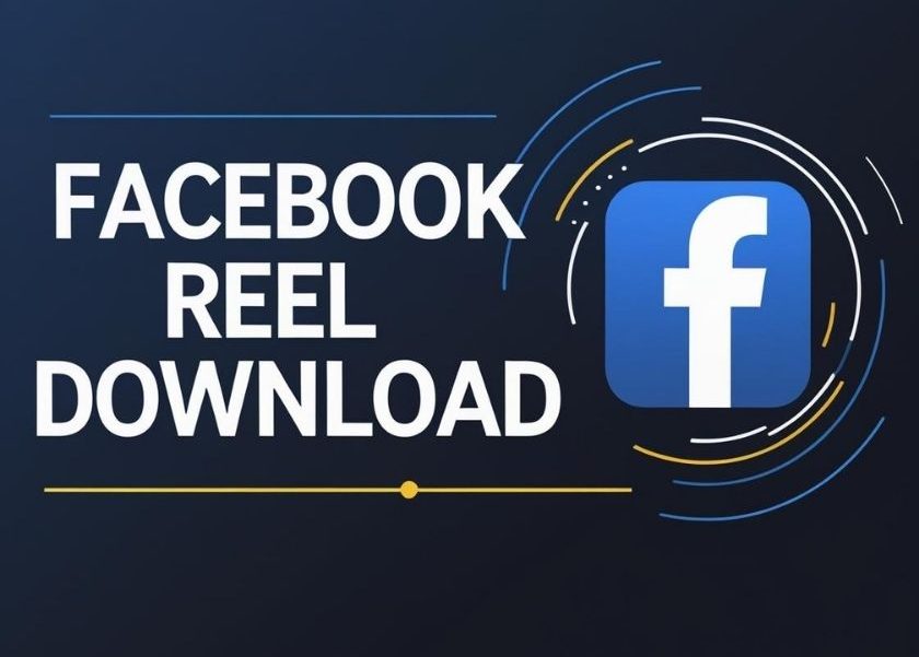 Facebook Reel Downloader – Download Facebook Reels easily and fast in 2025. Blue and white background, Facebook logo, download icon.