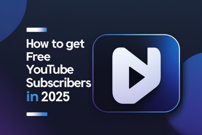 Free YouTube subscribers 2025, modern minimal YouTube logo, dark gradient background with likeprovider.net branding at the bottom.
