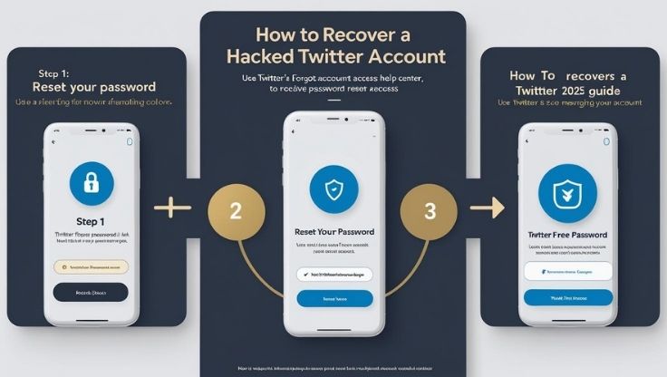 Three-step mobile UI mockups showing how to recover a hacked Twitter account: 1) password reset request screen, 2) email link confirmation screen, 3) new password entry screen.