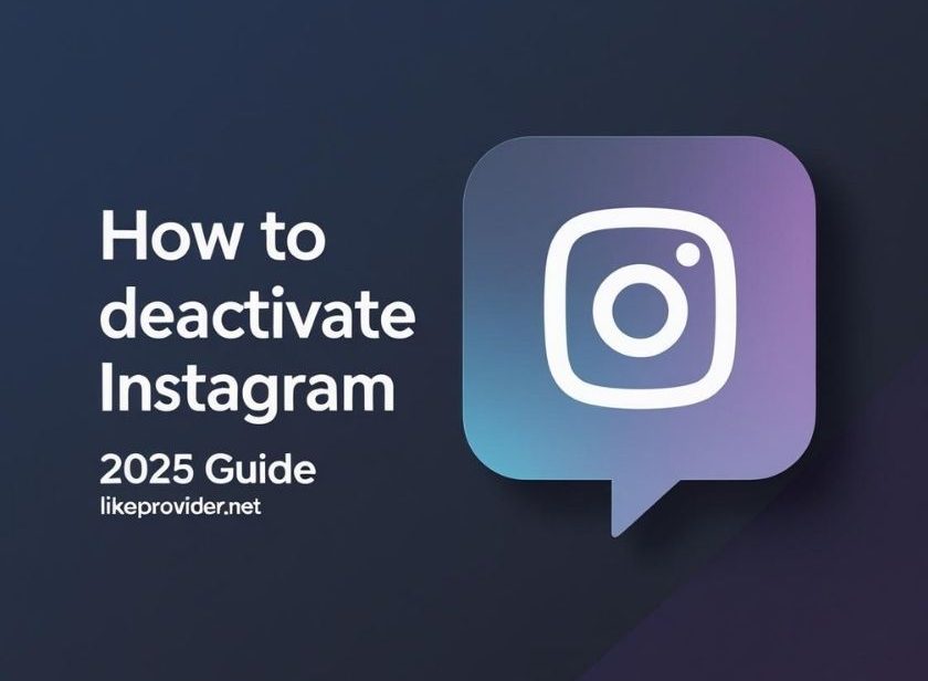 Square banner with the title “How to Deactivate Instagram – 2025 Guide” on a dark gradient background, featuring a stylized chat bubble icon — created for blog.likeprovider.net.