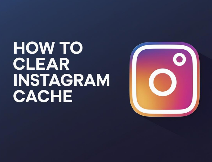 How to clear Instagram cache, mobile app settings, Instagram logo, 2025 guide, blue premium background, likeprovider.net branding.