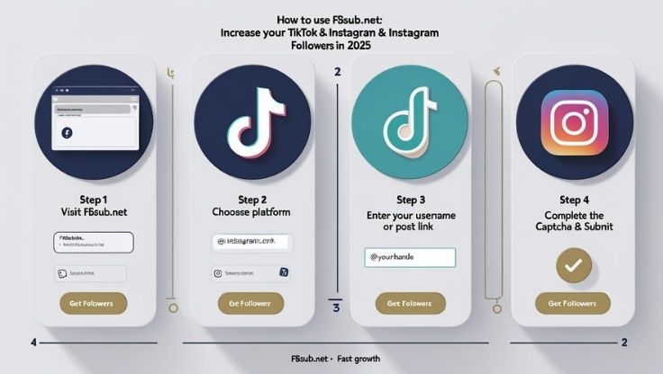 Four-step mobile UI mockups showing how to use fbsub.net to get free TikTok & Instagram followers: 1) Visit fbsub.net, 2) Choose platform, 3) Enter your username or post link, 4) Complete CAPTCHA & submit, with a footer reading ‘Fbsub.net – Fast growth.’