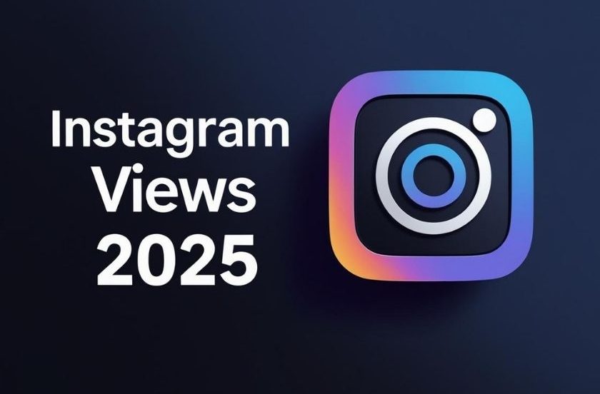 Instagram views themed graphic with social media icons and gradient background