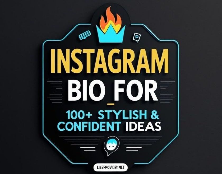 Black badge-style graphic with “Instagram Bio for Boys – 100+ Stylish & Confident Ideas” text and a small likeprovider.net footer.