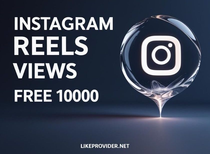 Instagram Reels Views Free 10000 banner with glowing icon and bold text on dark gradient background, branded with likeprovider.net