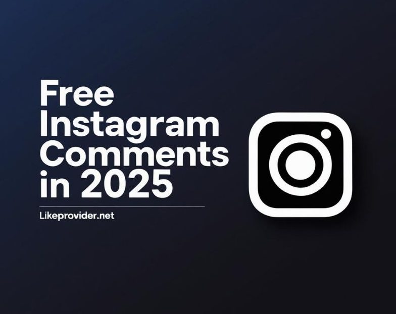 Free Instagram comments 2025 visual with a minimal dark background and Instagram logo, promoting likeprovider.net SMM panel.