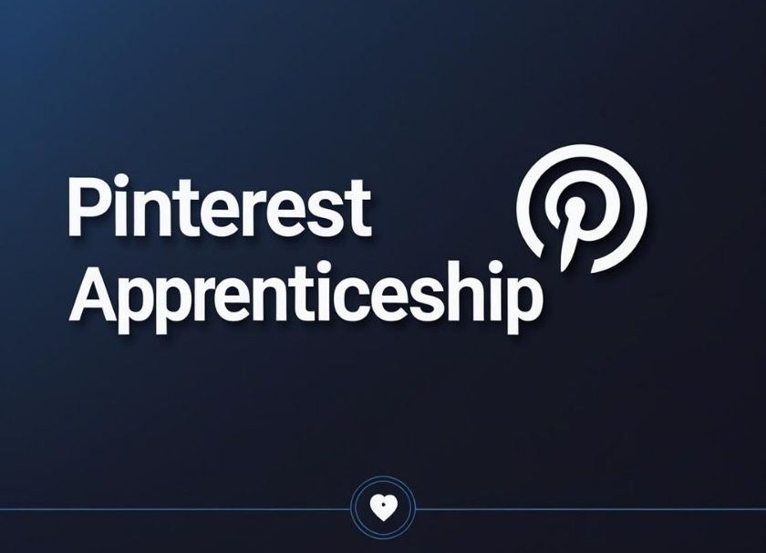 Pinterest apprenticeship banner showing a digital workspace with icons and growth arrows