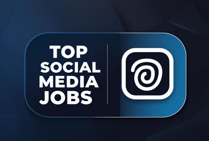 Top social media jobs 2025 graphic with icons representing remote and in-office roles