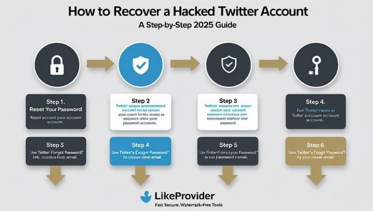 Infographic illustrating a six-step process to recover a hacked Twitter account in 2025—from resetting your password and using the “Forgot Password” link to confirming your identity, securing your account, and finally enabling two-factor authentication.