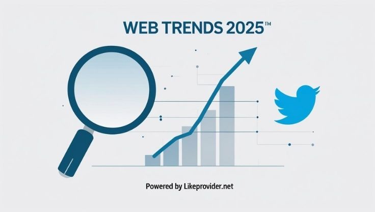 Minimal illustration showing Web Trends 2025 with icons like Twitter, graph, and search symbol.