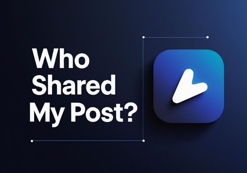 Illustration of a social media post with the text "Who Shared My Post?" representing Instagram share tracking.
