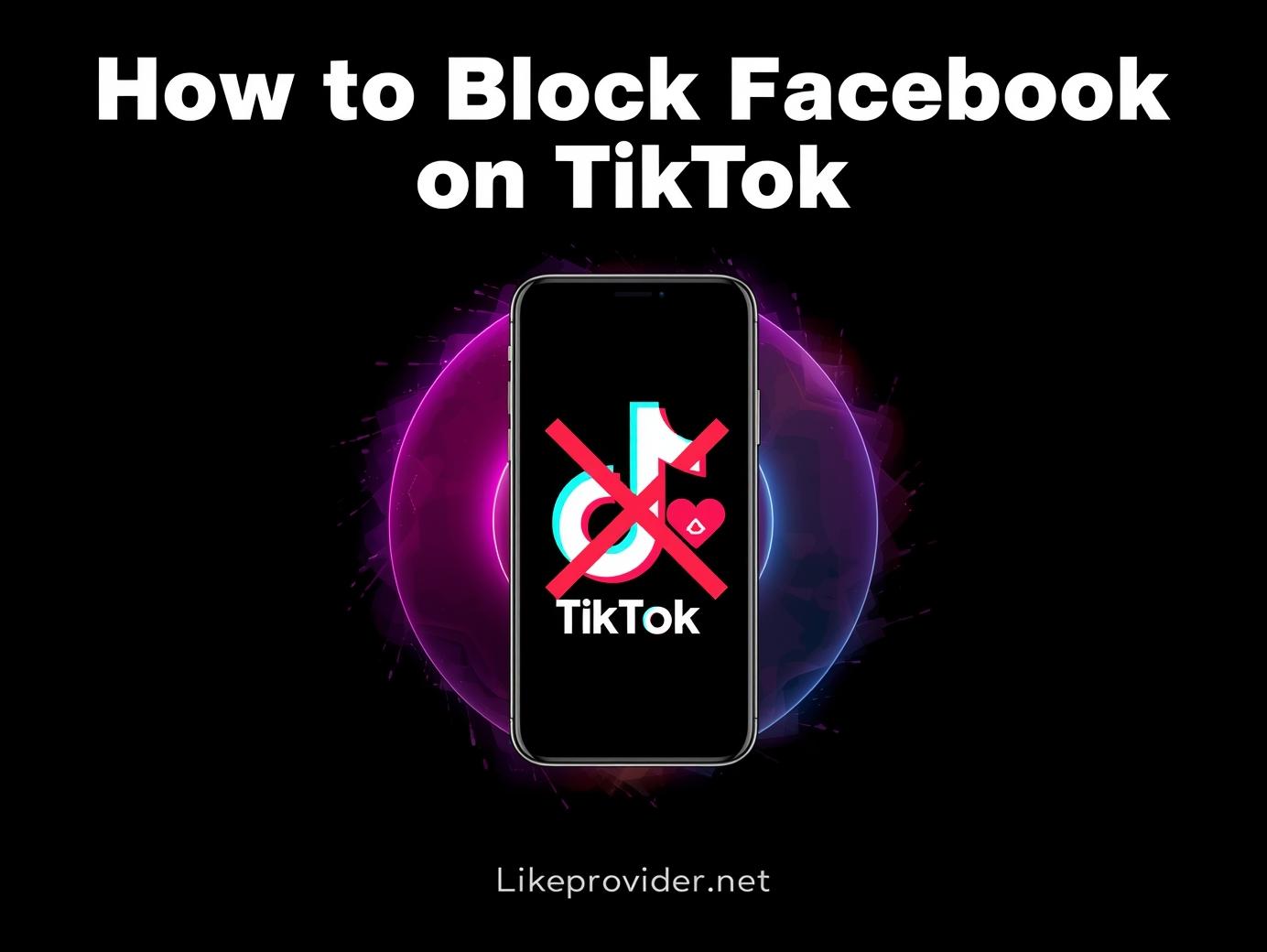 How to block Facebook on TikTok main banner with TikTok logo and blocked Facebook icon — likeprovider.net