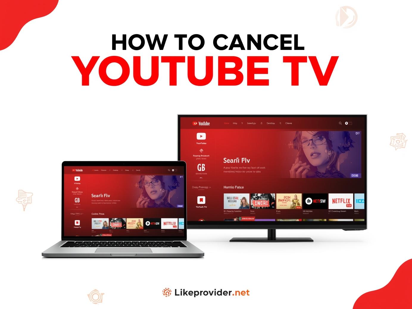 How to cancel YouTube TV main banner showing YouTube TV interface on laptop and TV screen