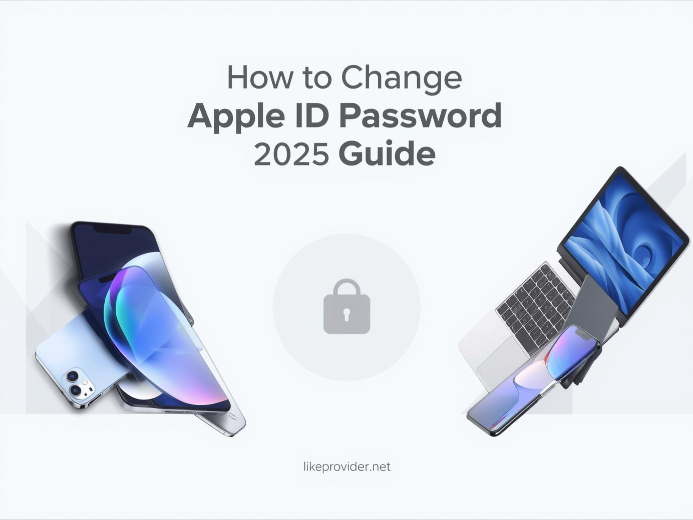 How to change Apple ID password 2025 guide with iPhone and Mac illustration – likeprovider.net