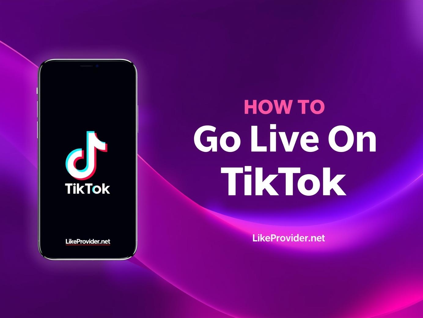 TikTok Live banner showing a phone with the TikTok Live icon and the title ‘How to Go Live on TikTok’ on a purple gradient background.